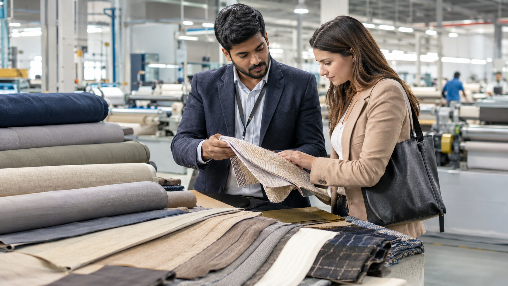 International buyer inspecting textile fabrics at an Indian textile manufacturing facility