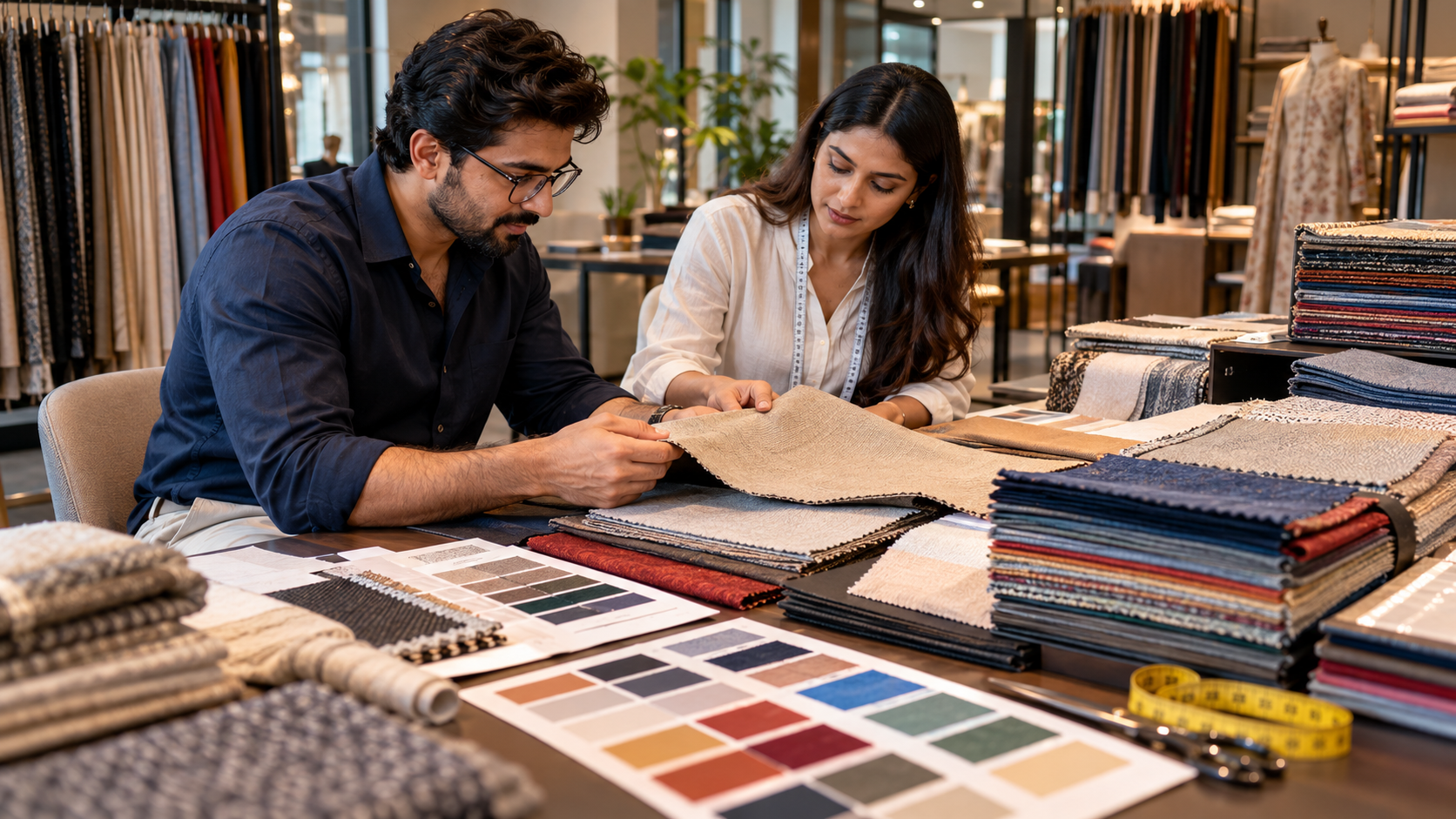 Textile buyer reviewing fabric samples and colour options in India